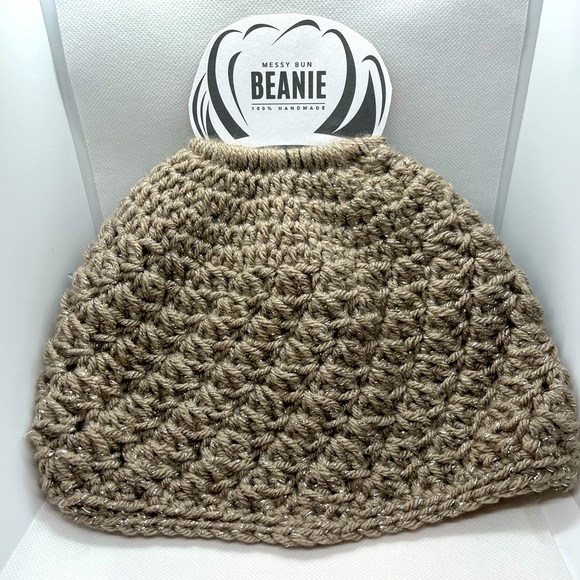 Hand Crafted Accessories - Messy Bun Beanie Sparkle Holiday Edition! Crocheted by seller soft acrylic